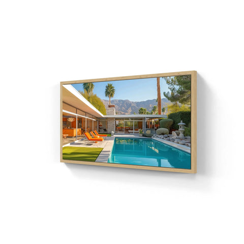Framed poolside architectural photograph.