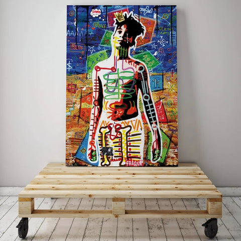 Neo-expressionist street art painting of a figure rendered in vibrant colors and bold brushstrokes.