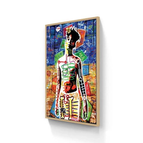 Abstract graffiti-style artwork depicting a human figure with colorful geometric patterns and text elements.