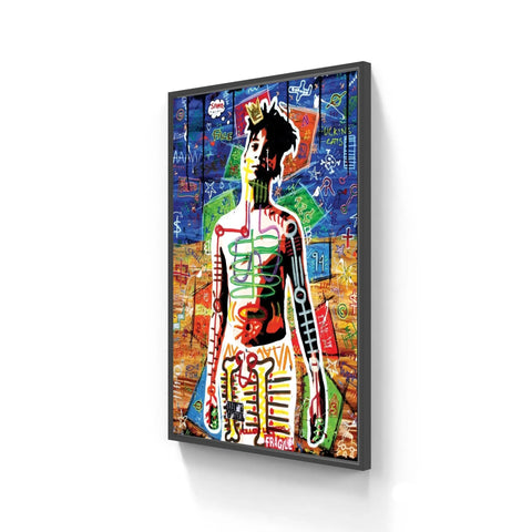 A vibrant graffiti-style artwork depicting a silhouetted figure with colorful abstract patterns and text elements.