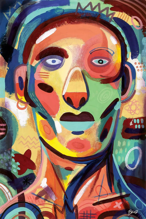 A painting of a woman with a face painted in bright colors