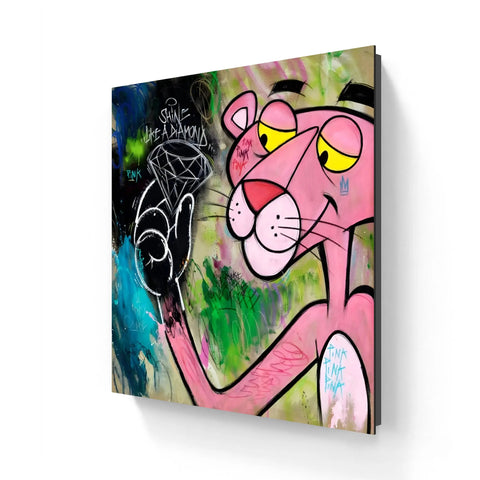 A vibrant, pop art style painting of the Pink Panther holding a diamond.