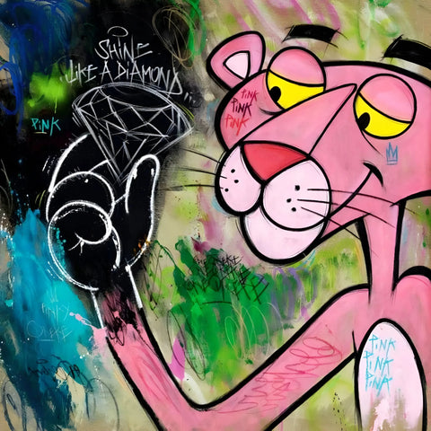 A vibrant pop art painting featuring the Pink Panther holding a diamond.