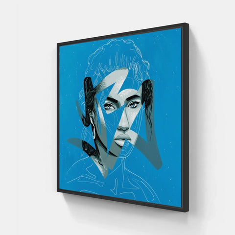 A framed print of a woman with blue eyes