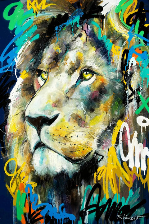 A painting of a lion with colorful paint strokes