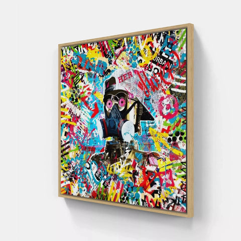 A framed painting of a man with a guitar