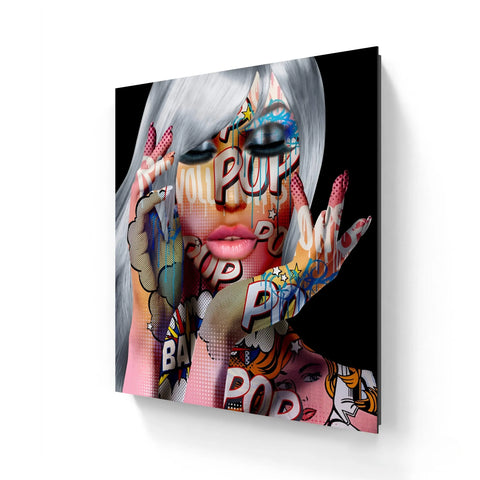 Vibrant pop art canvas print of a woman’s face and hands.