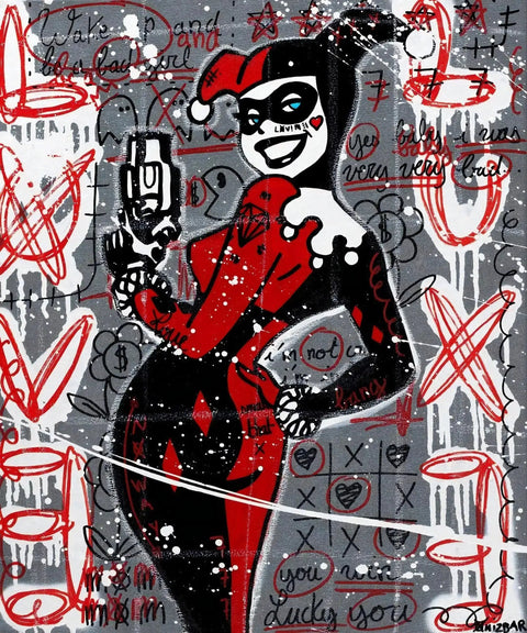 A painting of a woman in a red dress holding a gun