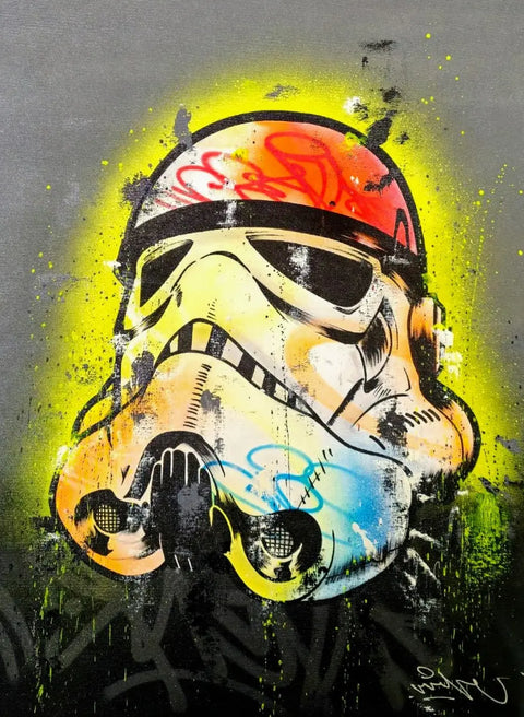 Colorful Stormtrooper helmet graffiti art.