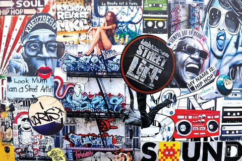 Vibrant street art mural featuring diverse graffiti, portraits, and pop culture references.