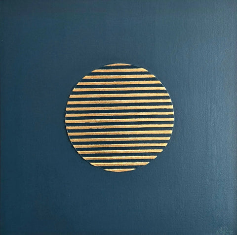 Circular disc with alternating gold and navy blue horizontal stripes.