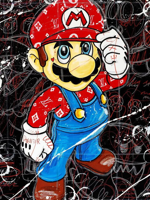 A painting of a cartoon character with a red hat and blue overalls