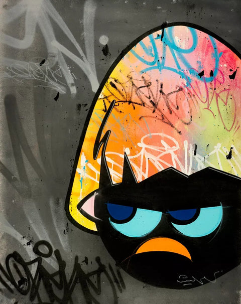 A painting of a bird with a colorful face