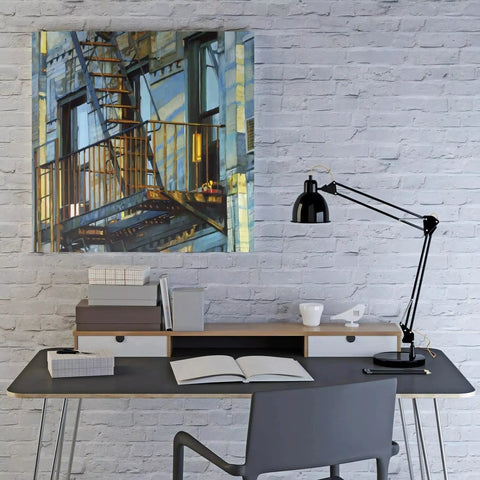 A painting on a wall above a desk