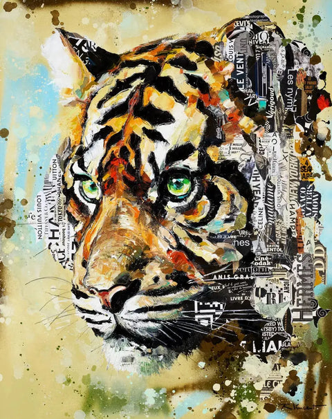 A painting of a tiger with a city skyline in the background