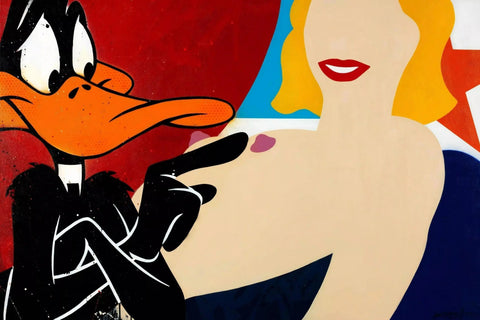 A painting of a woman with a duck