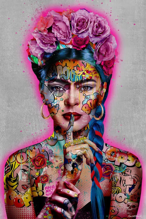 A woman with tattoos and flowers on her head