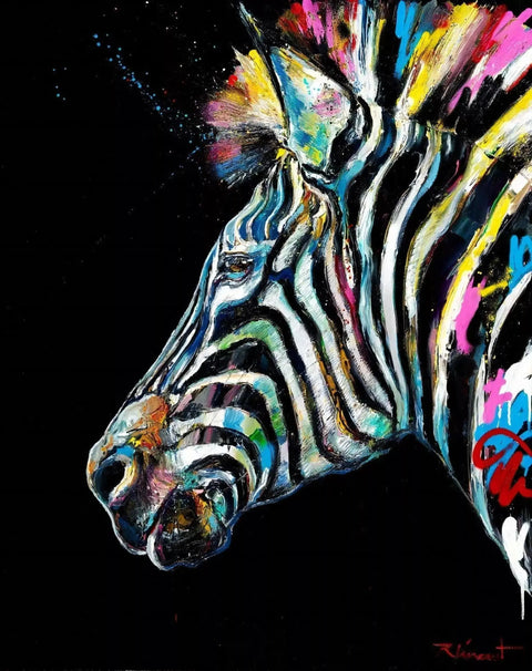 A painting of a zebra with colorful paint