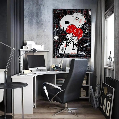 Modern home office workspace featuring Snoopy pop art canvas in Love collection.