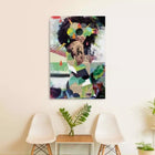 A painting on a wall above a table