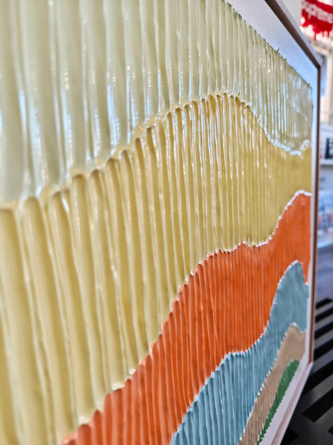 Textured, colorful, abstract artwork.