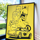 A yellow poster with a black and white drawing of a cat and dog on it