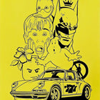 A yellow poster with a cartoon character and a cat