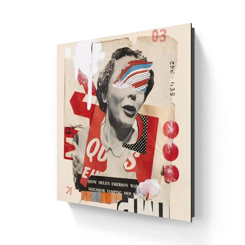 Collage-style artwork featuring a retro portrait with colorful geometric elements overlaid on the face.
