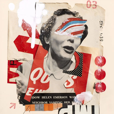 Collage-style artwork featuring a vintage portrait overlaid with colorful geometric shapes and text fragments.