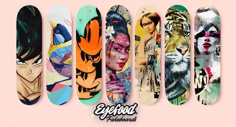 Artistically decorated skateboards.