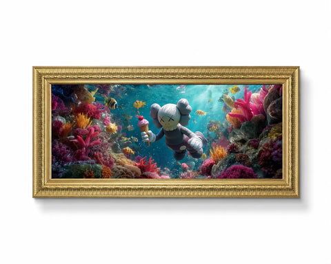 Australia - Great Barrier Kweam original aluminium artwork featuring a gray kaws holding ice cream in vibrant coral reef