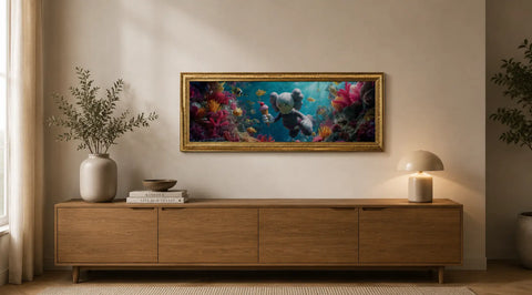 A framed original aluminium artwork titled australia great barrier kweam featuring a gray plush toy underwater
