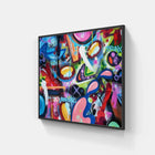 A large abstract painting on a wall