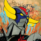 A painting of a robot with a red and yellow helmet