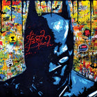 Batman silhouette rendered in blue against a graffiti-style background.
