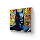 Batman portrait rendered in dark blue tones against a vibrant graffiti-style backdrop.