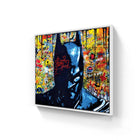 Batman artwork rendered in dark blue against a graffiti-style backdrop.