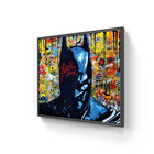 Framed pop art portrait of Batman against vibrant graffiti-style colors.
