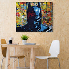 Modern pop art-style canvas featuring a dark silhouette against a vibrant graffiti-inspired background.