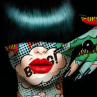 A woman with green hair and a black wig