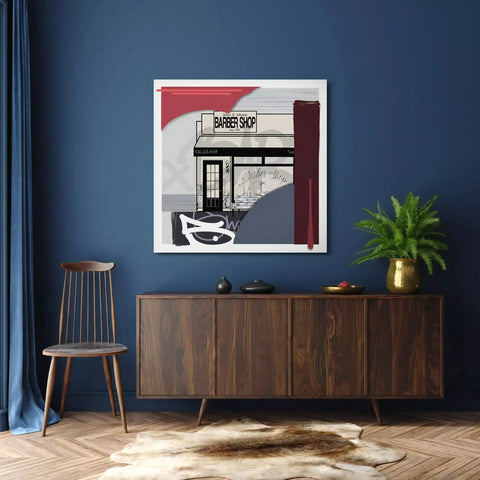 A blue wall with a poster on it