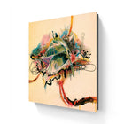 Abstract painting featuring a vibrant, colorful bird-like form with dynamic brushstrokes and swirling lines.