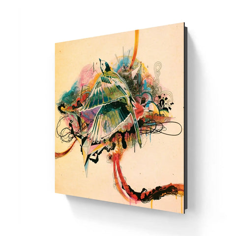Abstract painting featuring a vibrant, colorful bird-like form with dynamic brushstrokes and swirling lines.