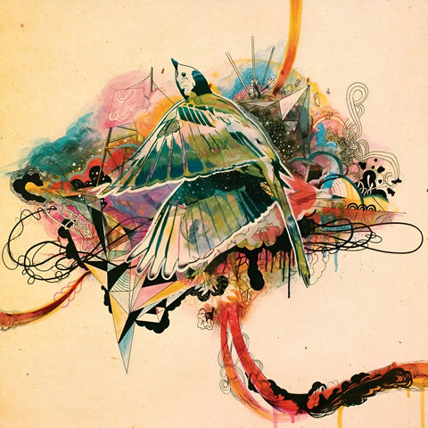 Colorful, abstract bird-like form composed of swirling shapes and vibrant brushstrokes.