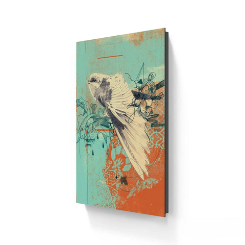 Stylized illustration of a white cockatoo perched among abstract floral elements.