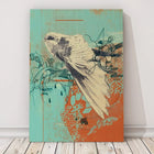 Stylized illustration of a flying bird with outstretched wings against abstract floral elements.