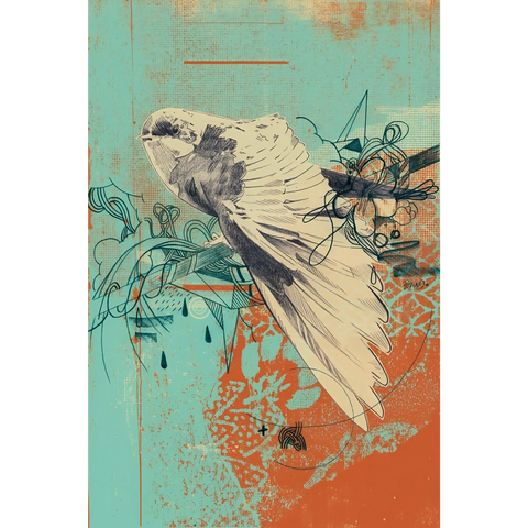 White bird with outstretched wings in mid-flight.