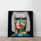 A framed painting of a woman with a red lipstick