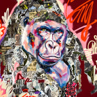 A painting of a gorilla with many different types of graffiti