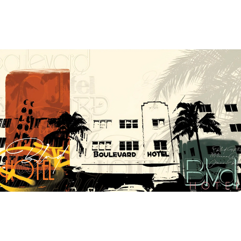 Art deco-style hotel facade with palm trees and neon-like elements in a stylized urban scene.